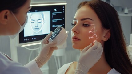 Professional beautician, futuristic skincare analysis device, holographic display, client skin examination, high-tech beauty clinic, AI diagnostics, personalized skincare, luxury tech innovation.