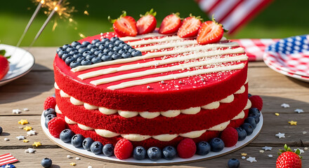 Red Velvet Cake Decorated with American Flag Design.