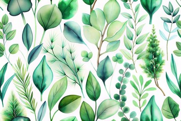 Green Watercolor Leaves Pattern Botanical Nature Background