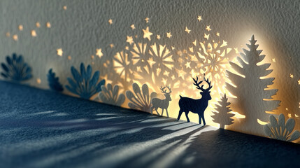 Paper cut Christmas scene with deer, trees and snowflakes
