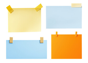 Four colorful sticky note papers with tape attachments isolated on transparent background