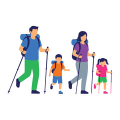 Family Hiking Adventure: A vibrant illustration depicts a family embarking on a hiking adventure, each member equipped with backpacks and trekking poles, exploring the great outdoors with smiles.