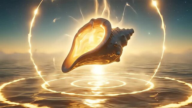 Mystical Glowing Conch Shell Levitating Over the Ocean at Sunrise.