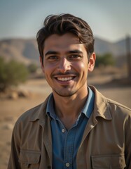 Close portrait of a smiling young jordanian male farmer standing and looking at the camera outdoors jordanian rural blurred background Professional Worker Portrait Ultra realistic Photorealistic  