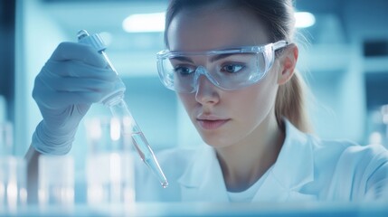 Close-up Business cosmetology banner, professional female scientist, high-tech laboratory, mixing skincare serum, transparent glass beaker, beauty industry advertisement, scientific research, testing.