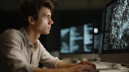 A man is sitting in front of a computer monitor. He is typing on the keyboard. data scientist coding at computer with glowing fairness bias graph overlay, ai governance ethics documentary muted - Powered by Adobe