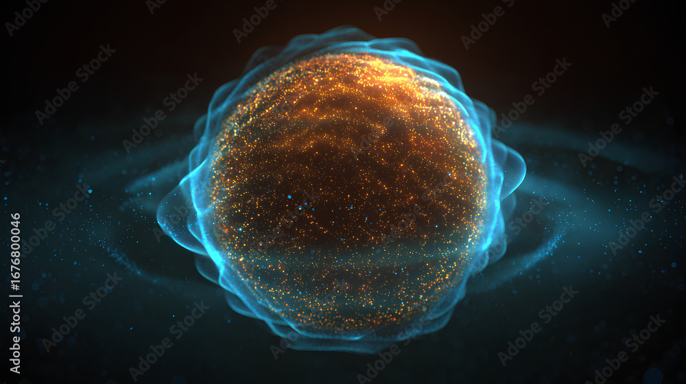 Poster glowing vibrant particle 3d sphere in the universe. abstract technology, science, engineering, and a