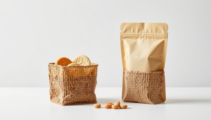 minimalist compostable snack pouch dispenser, built with pine resin bio composite, styled with woven natural fibers, designed for foldable space saving design