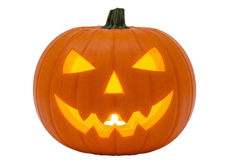 A vibrant orange jack-o'-lantern glows brightly against a dark background, highlighting the carved features of a friendly and spooky face.