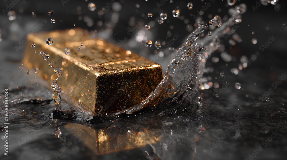 Poster Gold Rectangular Object with Water Droplets on Dark Reflective Surface