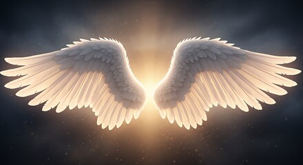 Ethereal White Angel Wings Radiating Light in Dark Sky