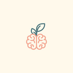 Brain with Leaf Icon for Mental Growth, Knowledge, and Mindfulness