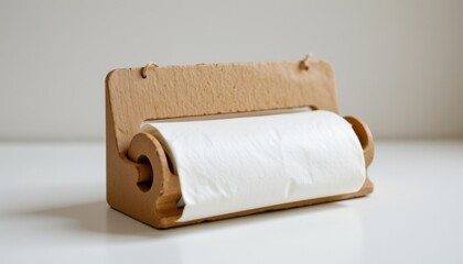 Obraz premium minimalist compostable biodegradable wrap roll dispenser, built with palm leaf pressed board, styled with organic rough surface, designed for ergonomic one hand operation