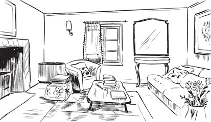 Ink illustration of a cozy English living room — armchair, fireplace, sofa, books, classic home décor, hand-drawn black-and-white interior sketch