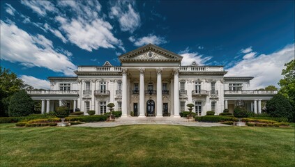 Obraz premium Grand, white mansion with classic architecture, stately facade, and manicured grounds under a partly cloudy sky