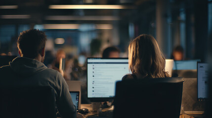 Coworkers collaborating in a modern office environment during evening hours while using computers for project discussions
