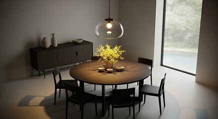 Modern Round Dining Table with Yellow Flower Arrangement in Bright Minimalist Kitchen