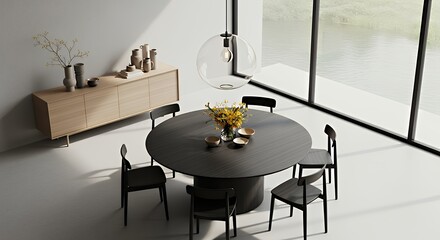 Modern Black Round Dining Table in Bright Minimalist Room with Large Window and Wooden Sideboard