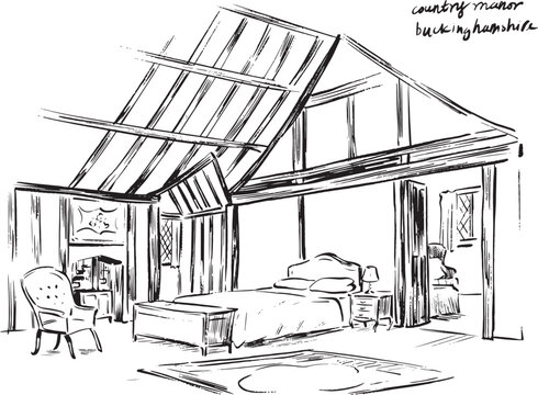 Ink illustration of an English country manor bedroom in Buckinghamshire &mdash; rustic timber beams, antique furniture, vintage interior sketch in black-and-white line art