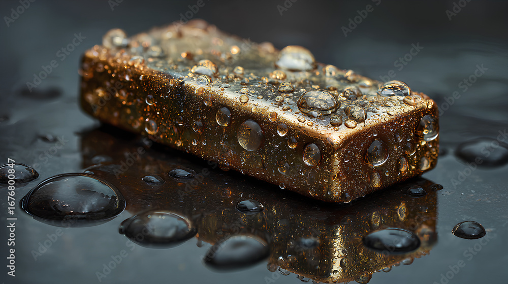 Poster gold rectangular object with water droplets on dark reflective surface