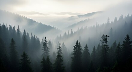 Misty Forest Landscape with Tall Evergreen Trees in Foggy Mountains