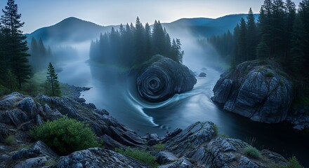 Serene Forest River Scene with Rolling Water and Misty Mountains