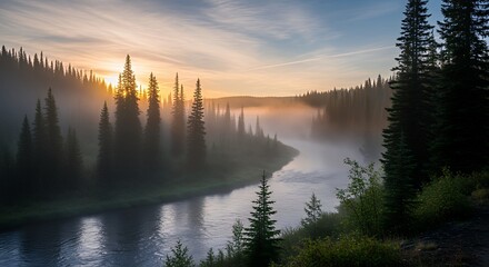 Serene Forest Landscape with River at Sunrise in Misty Morning Natural Scenic View