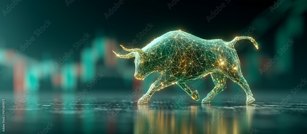 Aufkleber digital bull made of glowing points on a reflective surface with stock chart bokeh background. conce