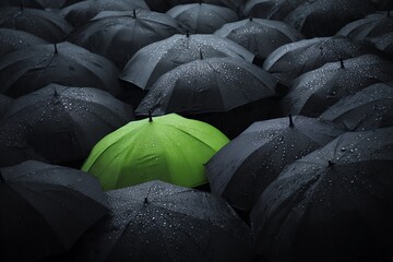 A vibrant green umbrella stands out among a sea of dark umbrellas during a rainy day, highlighting individuality, concept for business strategy, standing out from the crowd and unique perspective