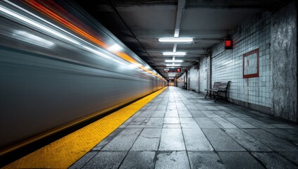Blurry train streaks through subway tunnel, illuminated by overhead lights