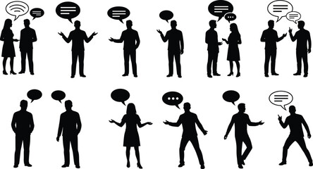 Silhouette Vector Illustration of People Talking and Communicating with Speech Bubbles – Perfect for Business, Discussion, Social, and Communication Concepts