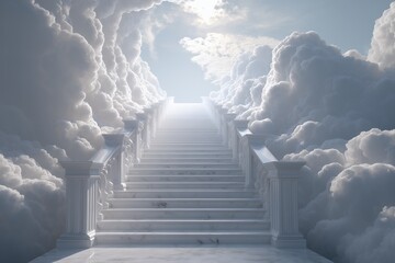 Ascending white marble stairs toward radiant light surrounded by fluffy clouds. Concept for spiritual journey, afterlife imagery and theological illustration