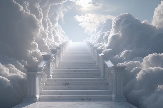 Ascending white marble stairs toward radiant light surrounded by fluffy clouds. Concept for spiritual journey, afterlife imagery and theological illustration