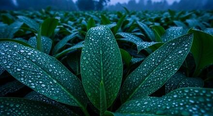 Lush Green Tropical Leaves with Water Droplets in Garden Scene