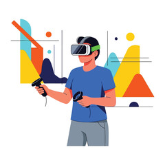 Immersive Experience: A person wearing a VR headset holding controllers in the futuristic immersive technology, in the digital landscape.