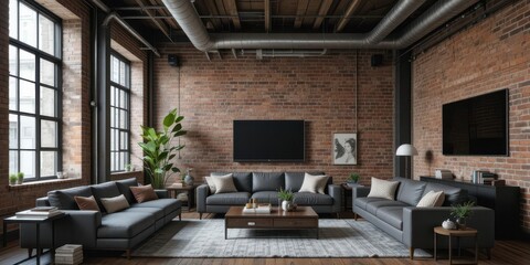  Raw and edgy industrial loft living room featuring a faux brick wallpaper accent wall and exposed ductwork.