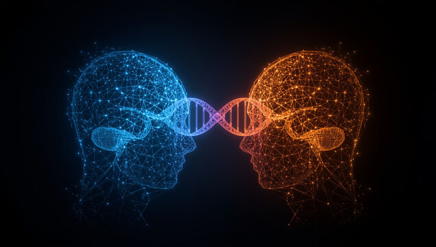 DNA connection between two human heads, representing science and technology.