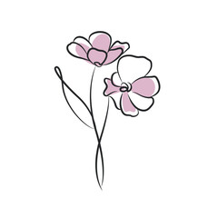 Cute Flowers One Line Vector Drawing. Style Template with Hand Drawn Flower. Botanical Plant Modern Minimalist Linear Style for Beauty and Fashion Design, Wall Decor