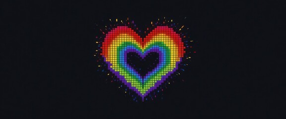  8 bit style rainbow heart illustration on a solid black digital canvas, retro and impactful.