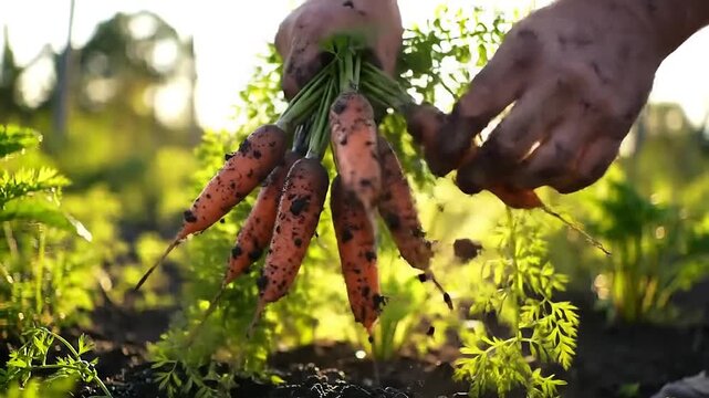 hands holding freshly picked dirty carrots from garden soil