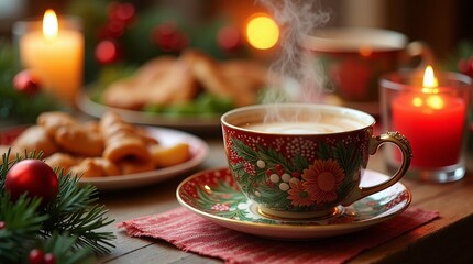 Fototapeta premium Festive hot beverage with holiday decorations Christmas