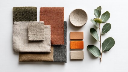 Fabric swatches and color samples arranged on a white background, with a eucalyptus branch