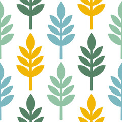 Minimal Leaf Seamless Pattern in Blue, Yellow, and Green – Scandinavian Style  Transparent