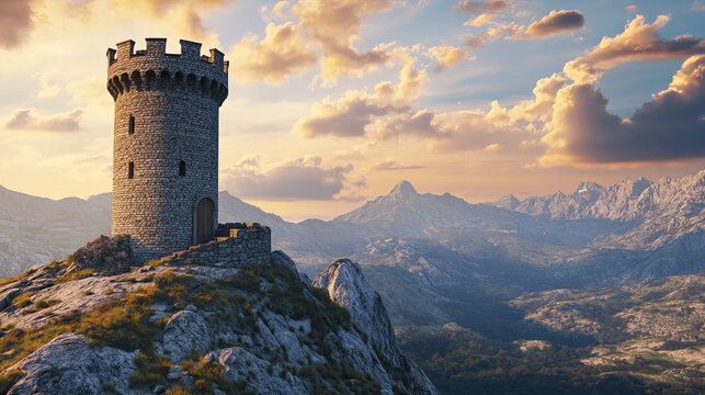Ancient stone watchtower on a rocky mountain cliff at sunset with dramatic sky and panoramic landscape view