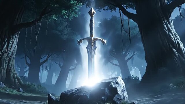 The Legendary Sword in the Stone Glowing Mystically.