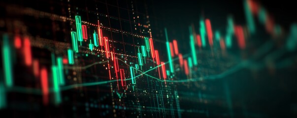 Close up of financial chart with red and green candles on dark grid background. Concept for stock market analysis, investment strategy and economic forecasting