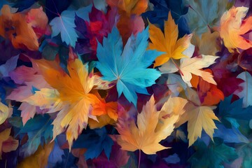 Colorful artistic maple leaves digital painting on a dark abstract background with blue, orange, and yellow tones. Concept for autumn decoration, seasonal wallpaper and festive backgrounds