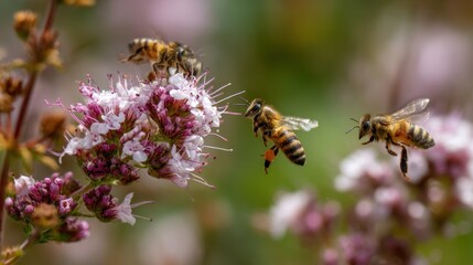 Bees pollinating flowers during a sunny day in a natural garden setting