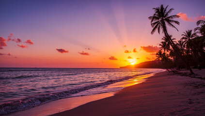 Peaceful ocean sunset with vibrant colors and silhouetted palm trees along the shore.