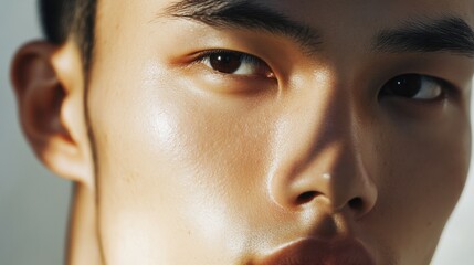 Flawless glowing male Asian skin, extreme close-up, natural highlights, zero retouching, smooth healthy texture, premium skincare results, authentic masculinity, skincare concept, portrait